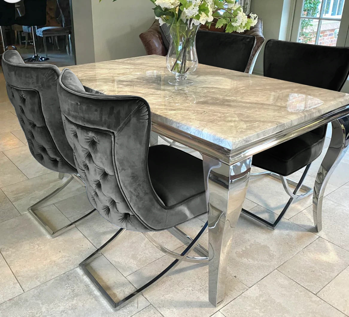 Louis Grey Marble Dining Table 150cm+180cm+200cm + Sandhurst Button Back Plush Mink Velvet Dining Chairs