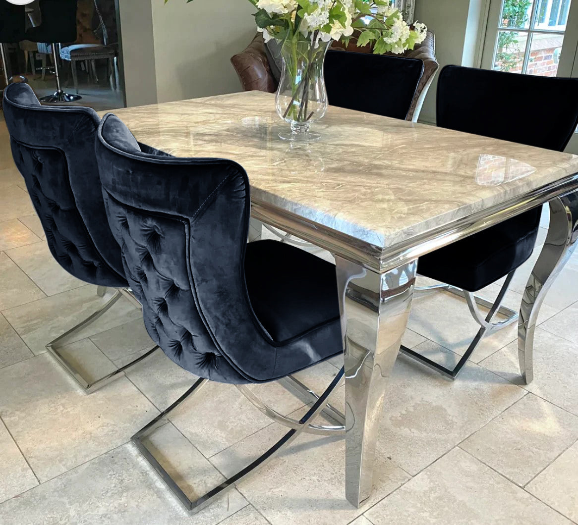 Louis Grey Marble Dining Table 150cm+180cm+200cm + Sandhurst Button Back Plush Mink Velvet Dining Chairs