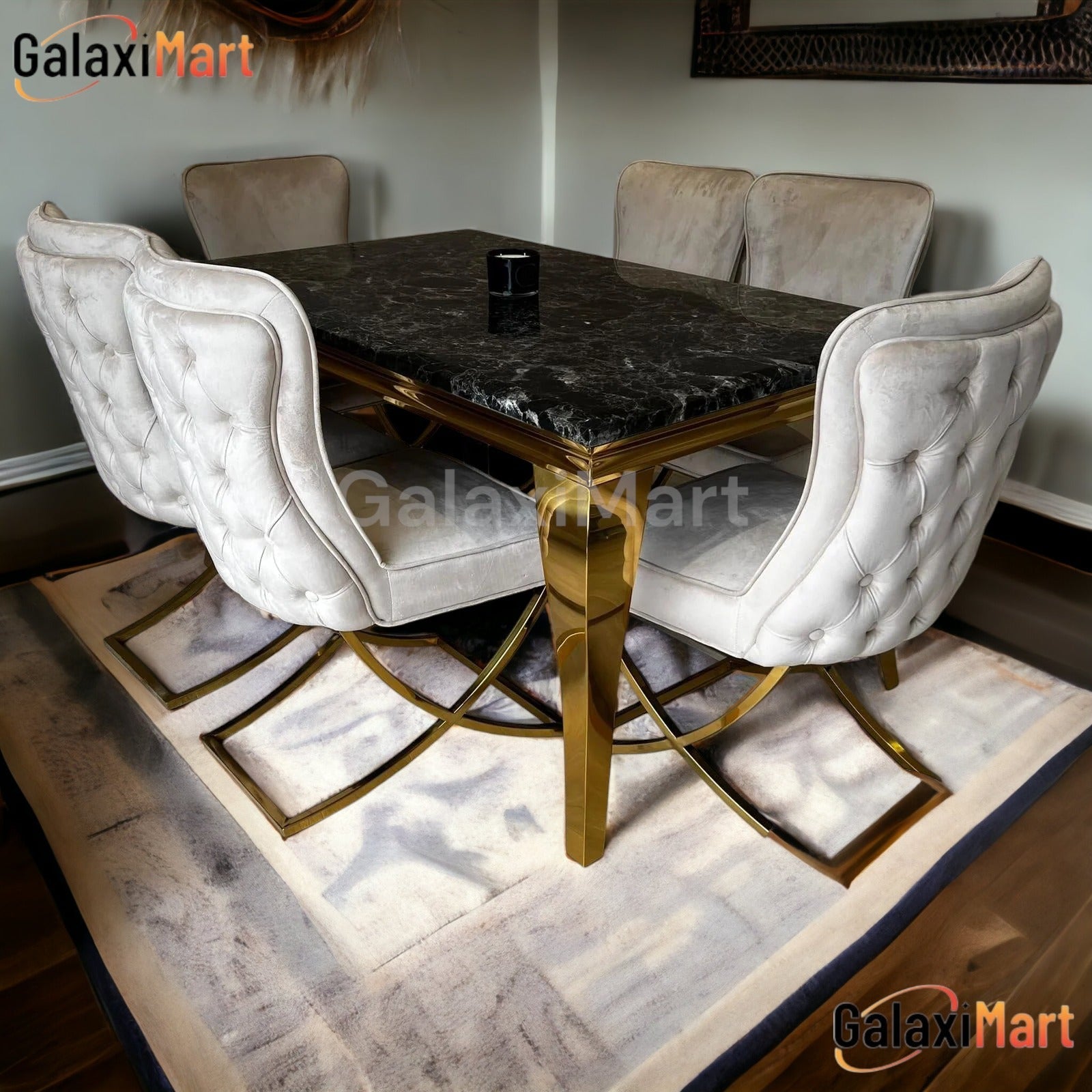 Louis Gold & Black Marble Dining Table With Sandy Button Gold Dining Chairs