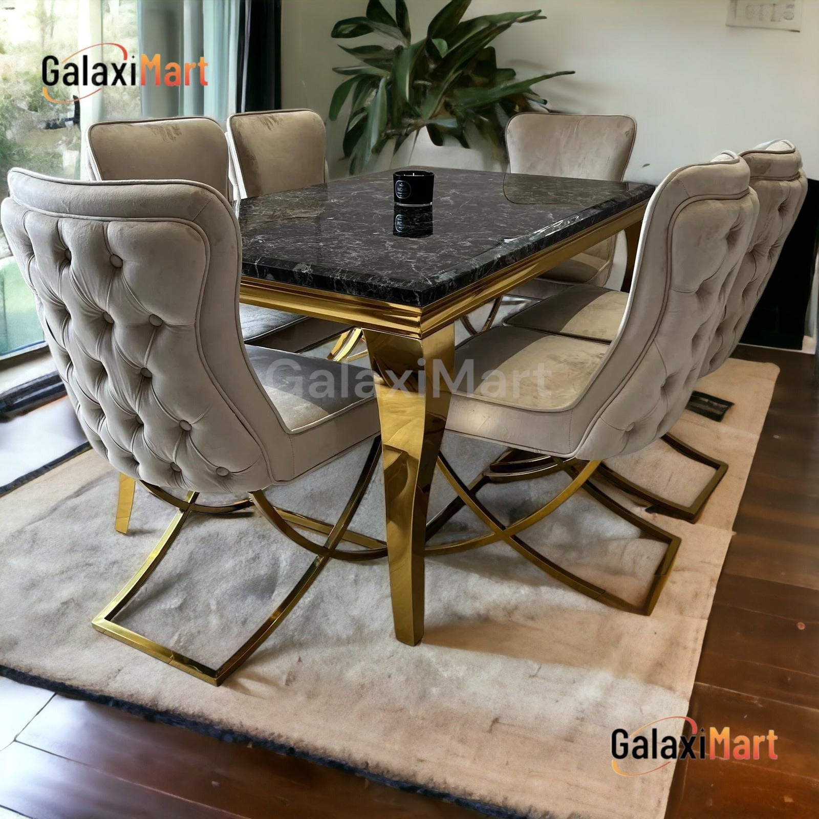 Louis Gold & Black Marble Dining Table With Sandy Button Gold Dining Chairs
