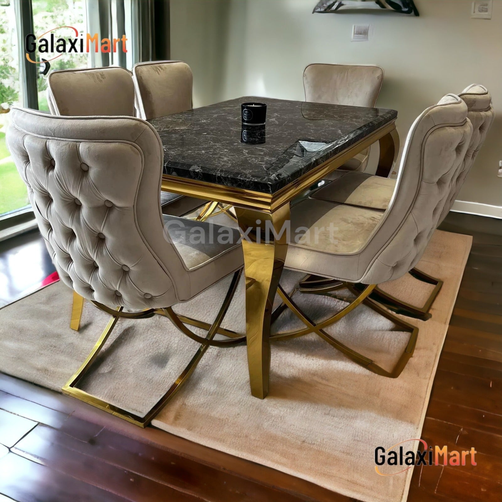 Louis Gold & Black Marble Dining Table With Sandy Button Gold Dining Chairs
