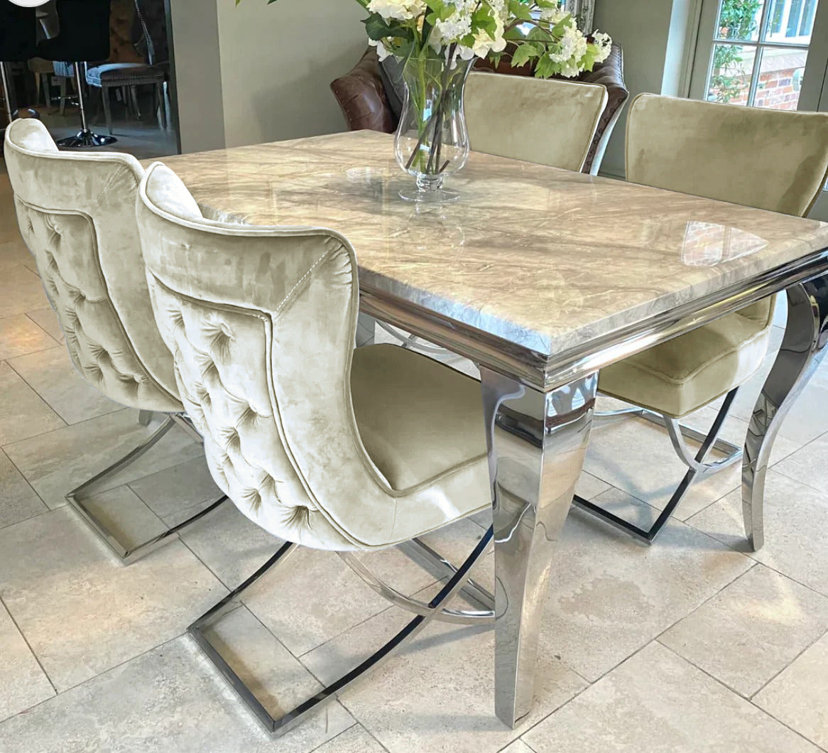 Louis Grey Marble Dining Table 150cm+180cm+200cm + Sandhurst Button Back Plush Mink Velvet Dining Chairs