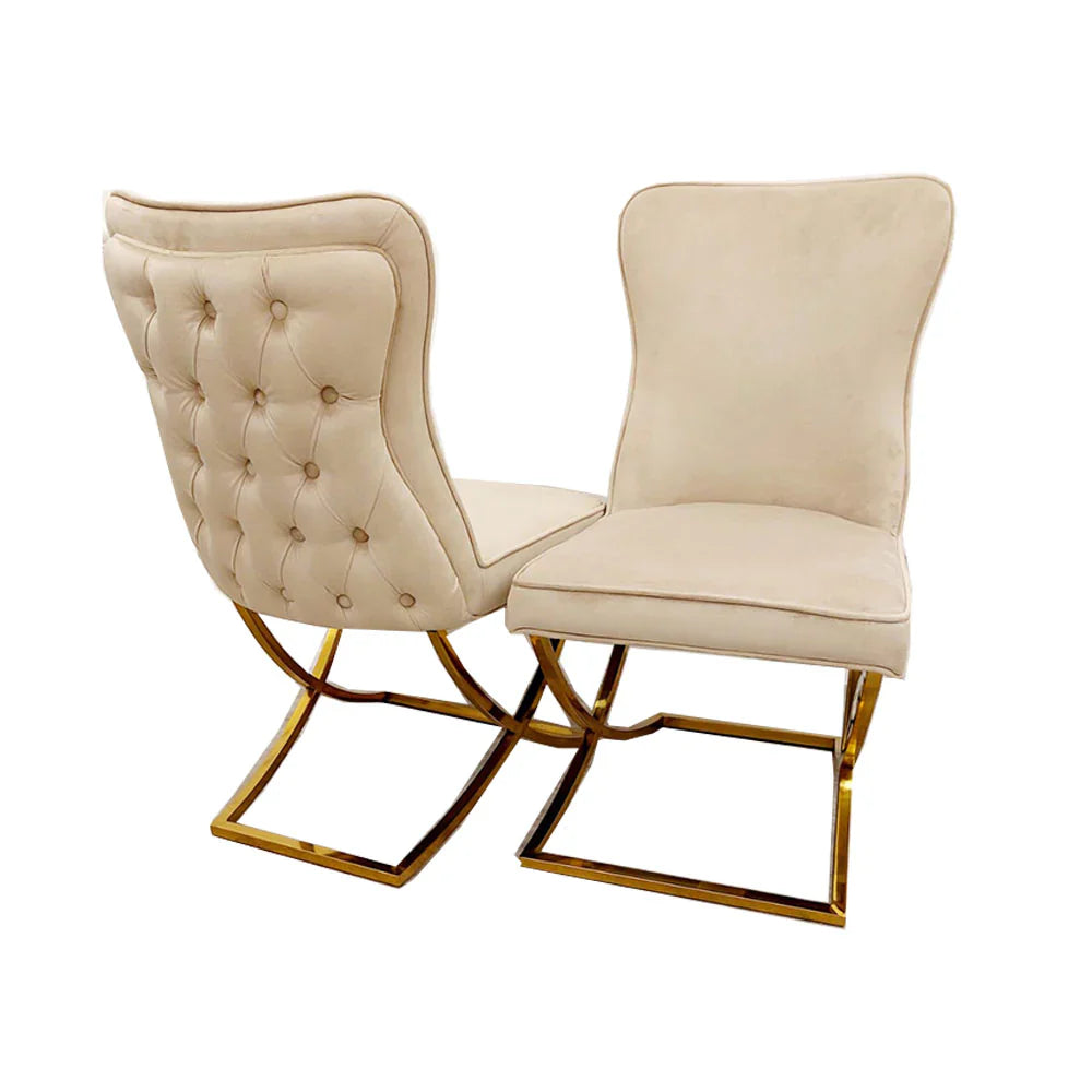 Louis Gold & Black Marble Dining Table With Sandy Button Gold Dining Chairs