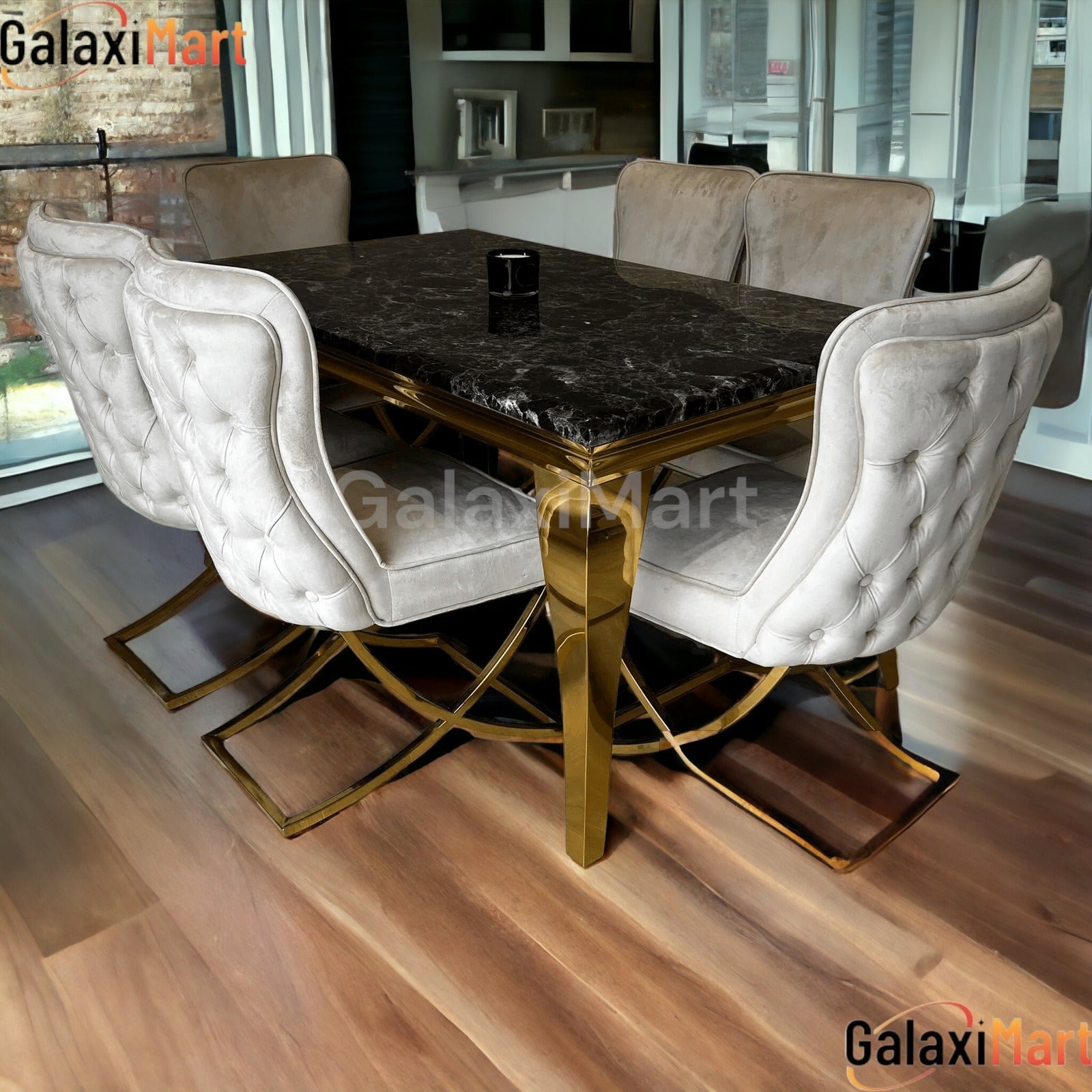 Louis Gold & Black Marble Dining Table With Sandy Button Gold Dining Chairs